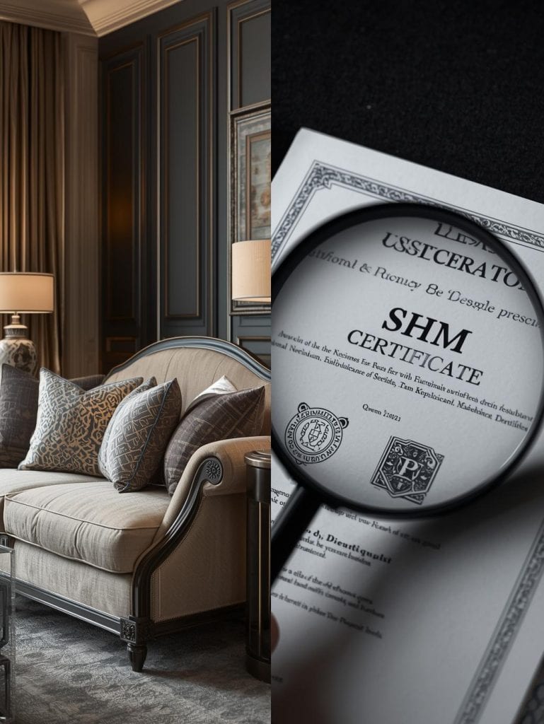 A split screen image. Left side_ A beautiful luxury sofa and decor. Right side_ A magnifying glass over a legal property certificate (SHM). Sharp focus, professional lighting. (1)
