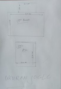 Sketsa denah dan ukuran properti joglo kayu 2 lantai dengan detail dimensi dan konsep unik joglo ful.