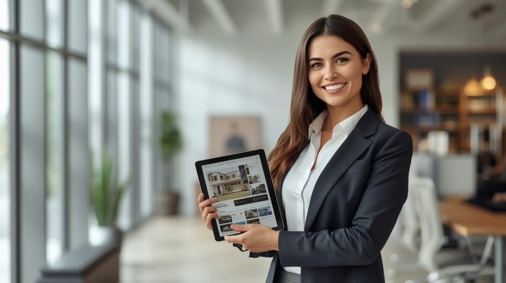 Wanita profesional memegang tablet di ruang kantor modern, simbol kepercayaan dan integritas bisnis.