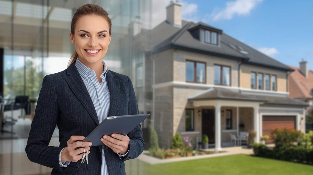 Gambar wanita profesional sedang berbicara dan bernegosiasi di lingkungan properti modern.
