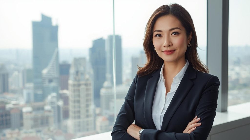 Gambar wanita profesional dengan latar belakang kota, menampilkan kekuatan personal branding dalam b.